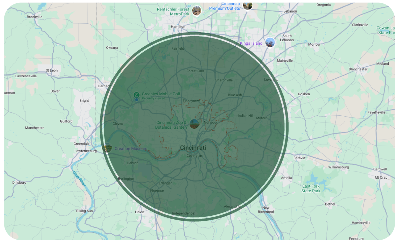 Service area map showing Greater Cincinnati, including Northern Kentucky, Mason, West Chester