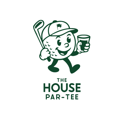 Greenies Mobile Golf House Par-Tee setup in backyard with putting green and large display.